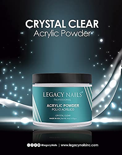 Legacy Nails Professional Crystal Clear Acrylic Powder, Net Wt. 4 oz. - Mix With Glitter, Pigment and Create Custom Acrylic Nail Extension Colors