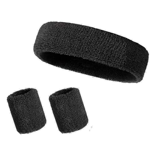 Image of Lansonee 3 Pack Sports Wristbands and Headband Set, Soft Thickened Sweatbands for Men & Women, Absorbent Workout Accessories for Gym, Running, Tennis, Football-Black