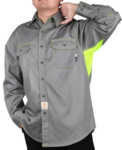 BOCOMAL FR Shirt for Summer Lightweight Vented Mesh Back and Underarm Breathable Flame Resistant Welding Button Down Shirts