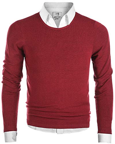 MOCOTONO Men's Long Sleeve Crew Neck Pullover Knit Sweater Wine Red Large
