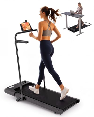 Image of Superun 3 in 1 Under Desk Treadmill with Handrails and Incline, Portable Folding Walking Pad for Home Office, 2.5 HP Quiet Mini Treadmill with LED Display & Remote, 300 Lbs Capacity, Dark Black