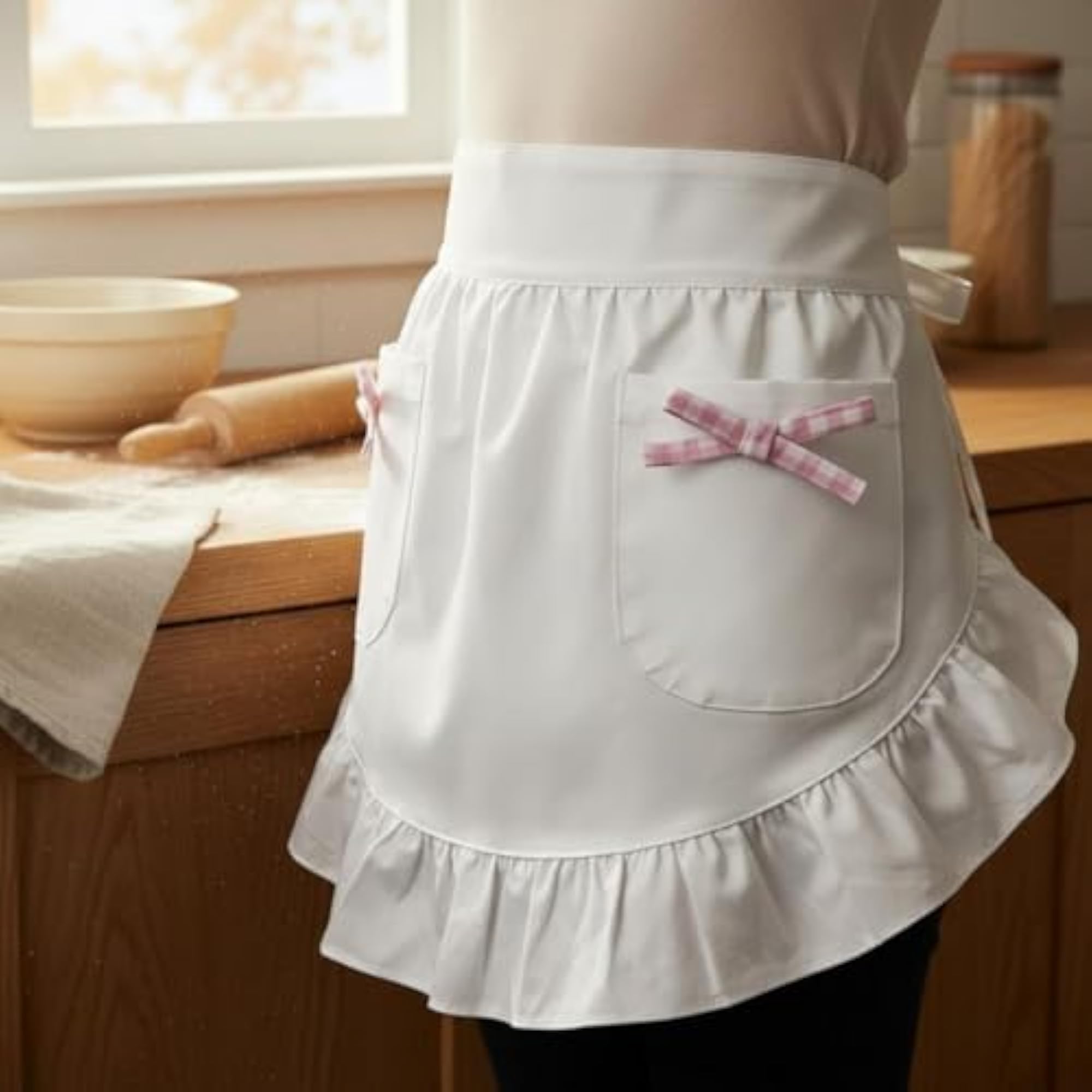 Vintage Inspired Maid Design Short Apron, Ruffled Half Apron