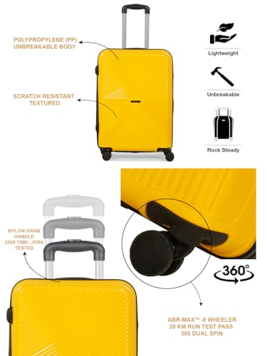 Image of Teakwood Meduim Size 8 Wheels Trolley Bag, Hard Cabin with Zipper Closure, Adjustable Push Button & Cross Side Strap, Number Lock System 360 Degree (Medium, Yellow)