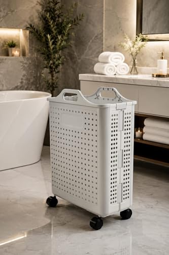Image of Dillard's Plastic Laundry Hamper on Wheels, White, Foldable with Handles, Rolling, Modern, 30 Litres
