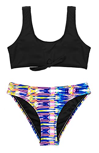 SHEKINI Trajes de Baño de Dos Piezas para Niñas con Deportivo Top de Bikini Ropa de Playa con Impresión Triángulo Bikini Bottom para 6-14 Años(8/10,Negro)