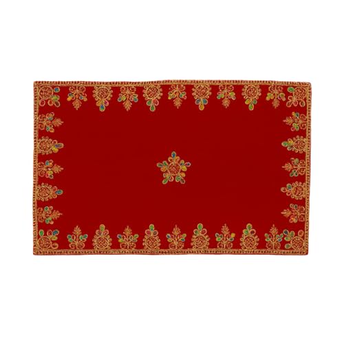 Image of Shoppersduniya Red Velvet Designer Aasan Pooja Cloth for God Idol Puja Aasan Kapda Chowki Cloth for Temple (50 x 33 cm)