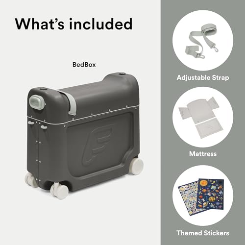 Stokke JetKids BedBox, Midnight Grey - Ride-On Suitcase for Kids 2-7 Years Old (up to 77 lbs) - Transforms Into Bed - Includes Mattress, Decorative Stickers & Adjustable Carrying Strap