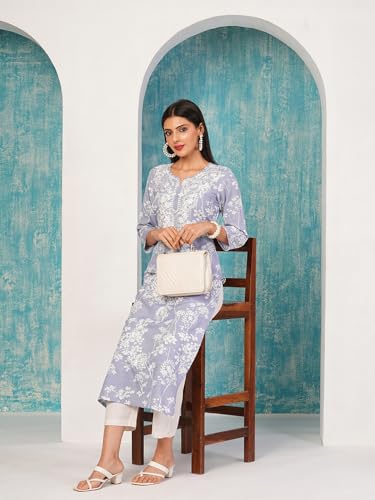 Image of GoSriKi Women's Cotton Blend Chikankari Embroidered Straight Kurta