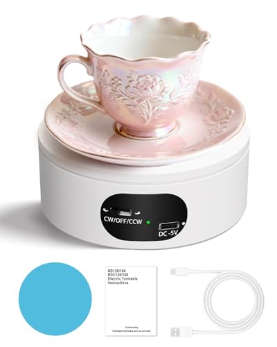 MYMULIKE Motorized Rotating Display Stand Electric Rotating Turntable with PVC Backdrop 4.72inch/12cm 360 rotation Noiseless Automatic USB Revolving Platform to Display Jewelry Watch