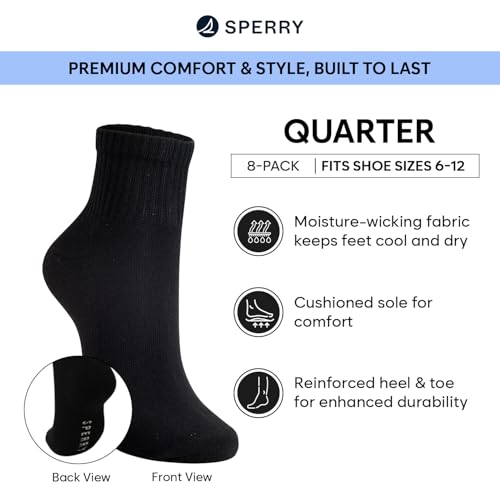 Sperry Men's 8-Pack Comfort Cushion Quarter Socks – Soft Durable Moisture-Wicking Athletic Ankle Socks for Men Shoe Size 6-124