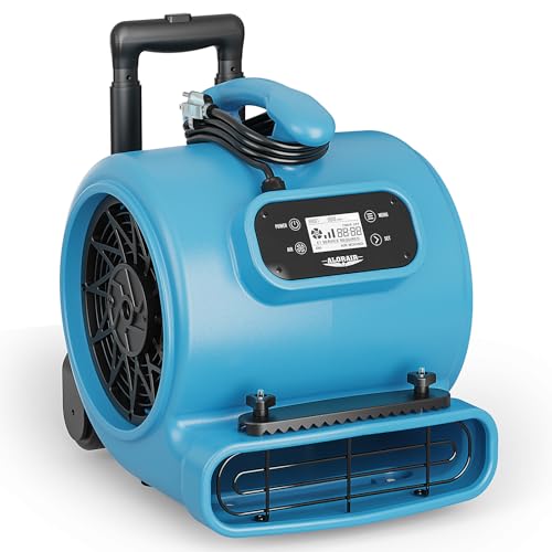 ALORAIR 1/3 HP 2000 CFM Air Mover Blower Fan for Industrial, Floor Drying Fan, Carpet Dryer - 18 Timer, Handle Wheelkit, Digital Control, Carpet Buckles, for Water Damage Restoration, Home - GE2000HCW