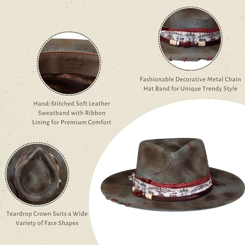 Image of RUEDIGER Vintage Wide Brim Fedora Hats 100% Wool Stiff Felt Hat Rancher Hat with Lightning Logo Handmade Distressed /Burned