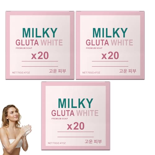 Paquete de 3 jabón blanco lechoso Gluta 20x, jabón blanqueador de glutatión y miel, barra de limpieza nutritiva suave, gel de baño hidratante para mujeres y hombres