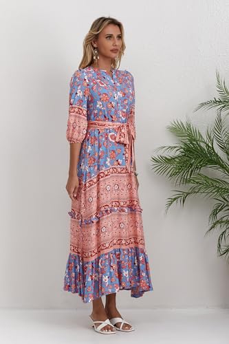 Image of Women Boho High-Waist Floral Print Maxi Dress 3 /4 Sleeve Casual | Soft Rayon, Breathable, Quick-Dry. High-Waist with Adjustable Belt, Flattering Hem. Ideal for Beach, Work & Dating.