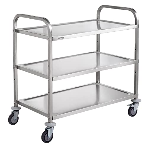 Vevor Kitchen Utility Cart, 3 Tiers, Wire Rolling Cart W/ 450Lbs Capacity, Steel Service Cart On Wheels, Metal Storage Trolley W/ 80Mm Basket Curved Handle Pp Liner 6 Hooks, For Indoor And Outdoor Use #TOP7