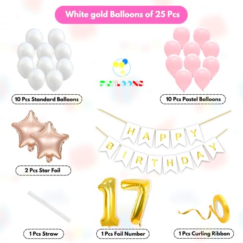 Image of Flyloons 17th Happy Birthday Decoration Kit Pink White for Boys Girls Kids Twins Men Women With 20 Pcs Pastel Balloons Birthday Banner 2 Pcs Star Items Set