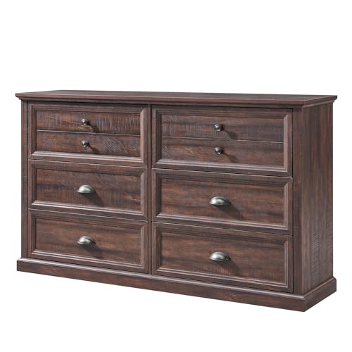 IFGET Farmhouse 6 Drawers Dresser for Bedroom, 58\" Wide Dresser Chest of Drawers Organizer Storage, Wood Rustic Dresser for Closet w/Two Different Drawer Sizes for Living Room, Hallway, Brown - Thumbnail 7