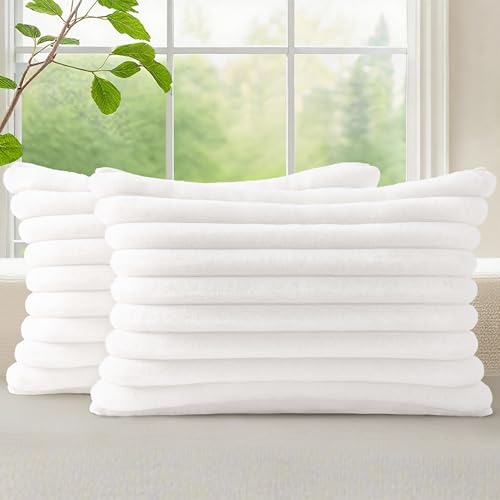 Image of decorUhome Fall Cozy Faux Fur Throw Pillow Covers 12x20 Set of 2 Decorative Soft Plush Striped Lumbar Modern Farmhouse Boho Couch Pillow Cases with Velvet Back for Sofa Bed Living Room, White