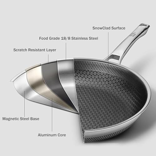 Image of SNOWCLAD Frying Pan, 10 Inch Hybrid Non Stick Stainless Steel Skillets, Dishwasher Induction Oven Broiler Safe, Non Toxic Chef's Pan, PFOA Free Cookware