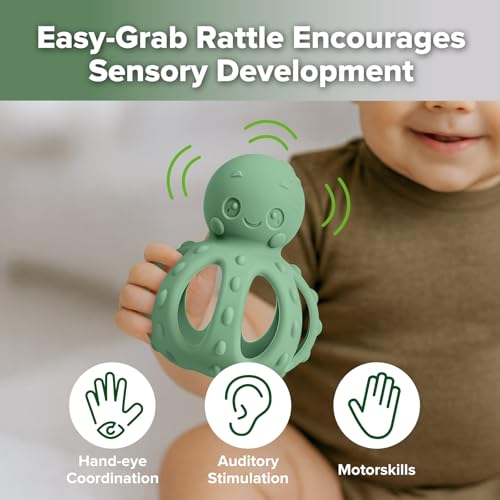 Image of haakaa 2-in-1 Baby Teething Toy,Octopus Teether with Gentle Rattle,Soft Textured Teether for Sore Gums,Easy to Grasp Sensory Toy for Babies 3M+,Pea Green