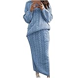 Skirt Sets Women 2 Piece Outfits Winter Chunky Cable Knit Long Sleeve Pullover Sweater and Bodycon Maxi Skirts Set