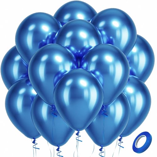 Image of Bezente Metallic Blue Latex Party Balloons - 100 Pack 12 inch Round Helium Chrome Blue Balloons for Graduation Wedding Bachelorette Birthday Engagement Party Decorations