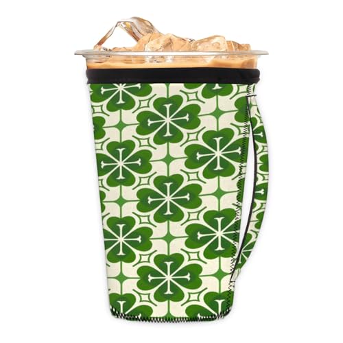 Four Leaf Clover Pattern Reusable Neoprene Coffee Sleeve with Handle Insulated Iced Coffee Cup Holder Reduces Condensation Fits 24-28 oz Cups M