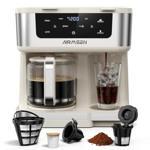 Image of AIRMSEN 12-Cup Programmable Duo Coffee Maker - Single Serve Machine for K-Cup Pods & Ground, 1000W Fast Brew, Delay Start, 2H Keep Warm, Touchscreen, 60oz Tank, Glass Carafe - Home & Office