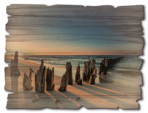 ARTland Wanddeko Bild aus Holz Holzbild vintage Deko 40x30 cm Landschaft Strand Meer Sonnenuntergang Nordsee Maritim U1UI
