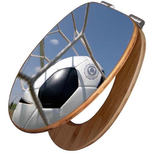 banjado Design WC Sitz Bambus Absenkautomatik 45,8x37,5cm / Toilettendeckel mit Absenkautomatik Holz/hochwertiger Bambus Klodeckel/WC-Sitz für gängigen Toiletten/Motiv Fußball