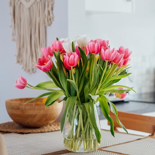 Image of Sggvecsy 30 Pcs Fake Tulips Artificial Flowers Real Touch PU Faux Flowers Tulip Stems for Wedding Spring Bouquet Floral Arrangement Home Party Office Decorations for Mother's Day (Dark Pink)