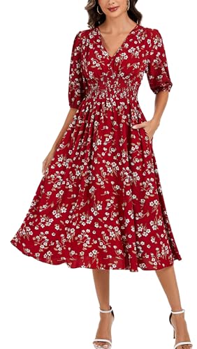 Image of Kormei Women Casual Boho V Neck 3 /4 Sleeve Smocked Waist A Line Flowy Swing Midi Dress Smocked Long Dress