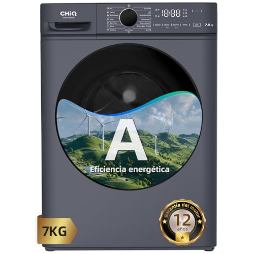 CHiQ Lavadora 7kg CW07123863AX Carga frontal - Clase A, Motor inverter,BLDC 1200 RPM, Vapor y Lavado rápido, 15 Programas, Diseño compacto (60x46,5x84cm) - Gris moderno