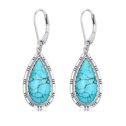 Genuine Turquoise Dangle Teardrop leverback Earrings, Sterling Silver Vintage Native American Western Jewelry Earrings Birthday