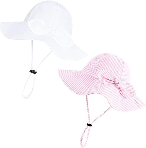 Baby Girl Sun Hat with UPF 50+ Outdoor Adjustable Beach Hat with Wide Brim Bucket Hats (6-12 Months,White & Pink-Stripe 2pcs)