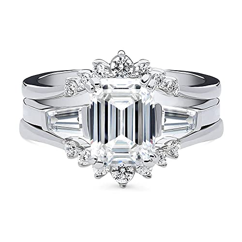 BERRICLE Sterling Silver 3-Stone Wedding Engagement Rings 2.1 Carat Emerald Cut Cubic Zirconia CZ Wishbone Ring Set for Women, Rhodium Plated2