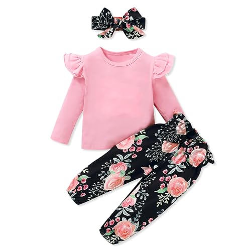Image of SANMIO Toddler Girl Clothes Cute Ruffle Sleeve Shirt Floral Pants Headband | 3Pcs Fall Winter Outfits Kids Girls Clothing Set 1-6T