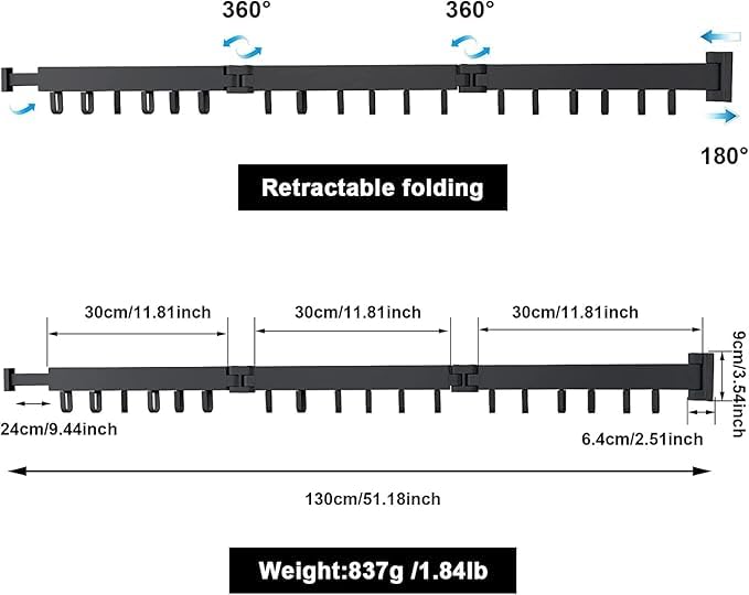 Image of Wall-Mounted Retractable Clothes Drying Rack | 51 Inch Extendable Folding Laundry Hanger with 360 Rotating Arms | Heavy-Duty Multi-Hook Drying Rail for Balcony, Bathroom, Indoor & Outdoor Use