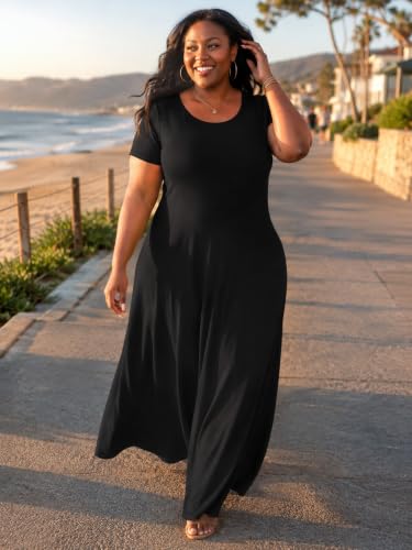 Image of PinkPatty Women's Plus Size Maxi Dresses Short Sleeve Sundress Summer T-Shirt Beach Long Dress with Pockets