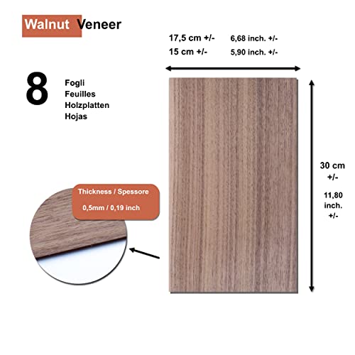 Kontrasti Walnussholzfurnier x 8er Set Größe 300 mm x 14 mm x 0,6 m – Nussbaumholz - Rohholz - Furnierholz – Holzplatte - Starkfurnier für den Modellbau geeignet. Handwerk, Zimmerei, holzwerken
