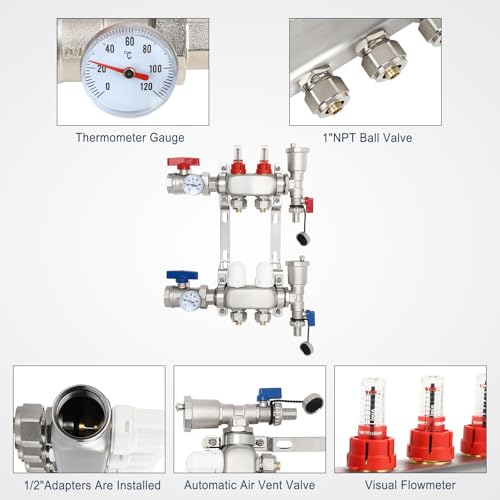 Image of Dollate 2 Branch Pex Manifold 1 /2 inch Adapters Stainless Steel Radiant Floor Heating Manifold Kit Hydronic Manifold