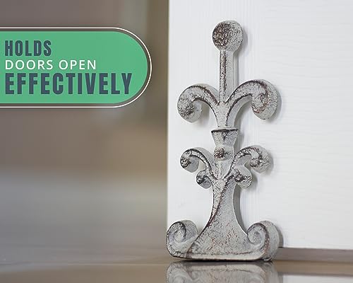 Fleur De Lis Cast Iron Door Stop | Decorative Door Stopper Wedge | With Padded Anti-Scratch Felt Bottom | Antique Vintage Design | Solid And Heavy Duty| 4X3.5X7.75" | Rustic White #TOP3