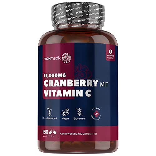 Cranberry mit Vitamin C - Entspricht 15000mg Cranberries pro Tag (50:1 Extrakt) - 180 vegane Kapseln für 6 Monate Vorrat - 100mg Vitamin C - Vegetarisch & Natürliche Zutaten - von maxmedix Cover