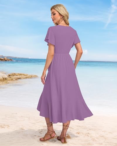 Image of AUSELILY Women Summer Midi Dresses Wrap Short Flutter Sleeve Elegant Dress | High Slit,High-waisted,Ruffled Hem,V-Neck,Fixed-strap Design,Skin-Friendly,Breathability,Wedding Guest Dresses