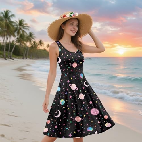 Image of Women's Casual Loose Sundress Midi Sleeveless Crewneck Dress Summer Beach Tank Dress with Pockets