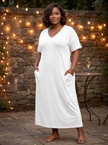 Image of SUZONANA Women Casual T-Shirt Dress V Neck Short Sleeve Solid Color Oversize Dress with Front Two Pockets
