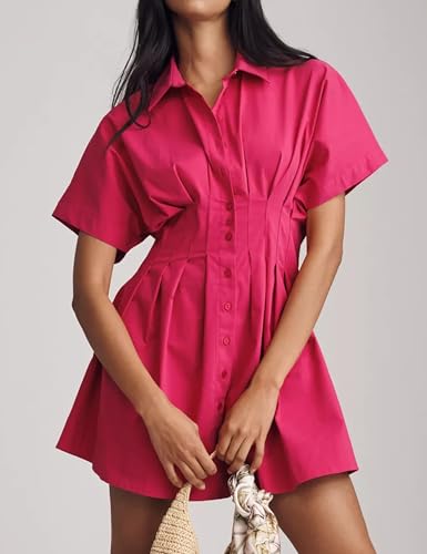 Image of Burtell Summer Button Down Pleated Shirt Dress for Women Striped Print V Neck Short Sleeve Mini Dress Casual Corset Dresses