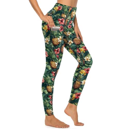Legging imprimé plante ananas tropical extensible avec poches latérales pratiques