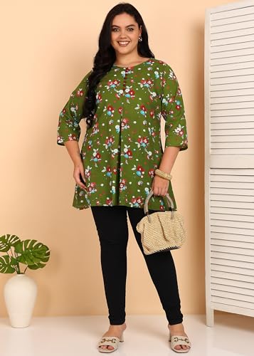 Image of Yash Gallery Women's Cotton Regular Fit Short Floral Printed Kurta