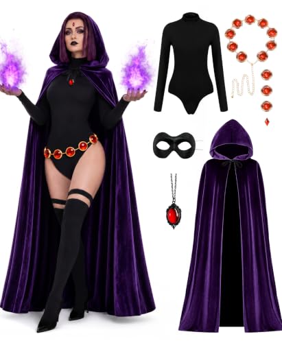 Image of Raven Costume for Women, 6PCS Halloween Costume Set for Women with Purple Hooded Cloak, Bodysuit & Red Gem Belt
